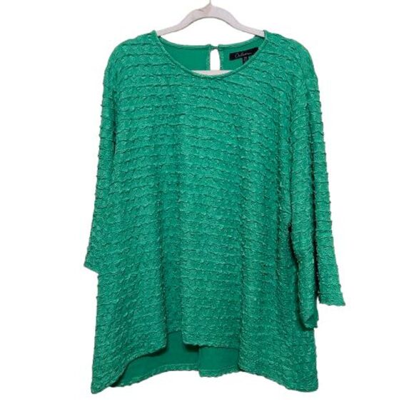 Calessa Textured Tunic Top Women 2X Green Stretch Slinky  3/4 Bell Sleeve Boho - Picture 1 of 8